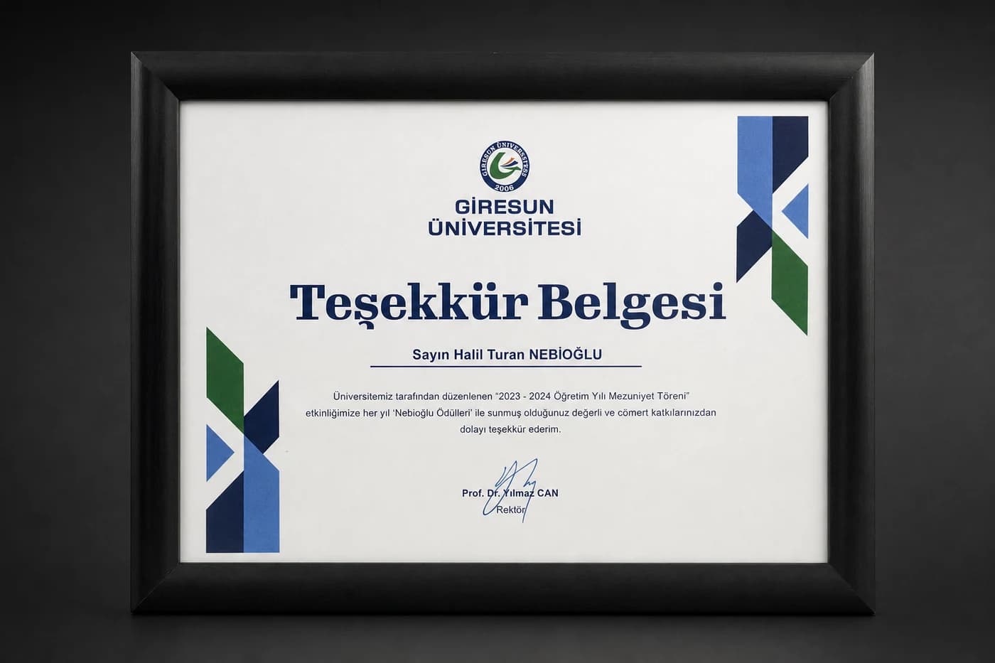 Giresun Üniversitesi Teşekkür Belgesi