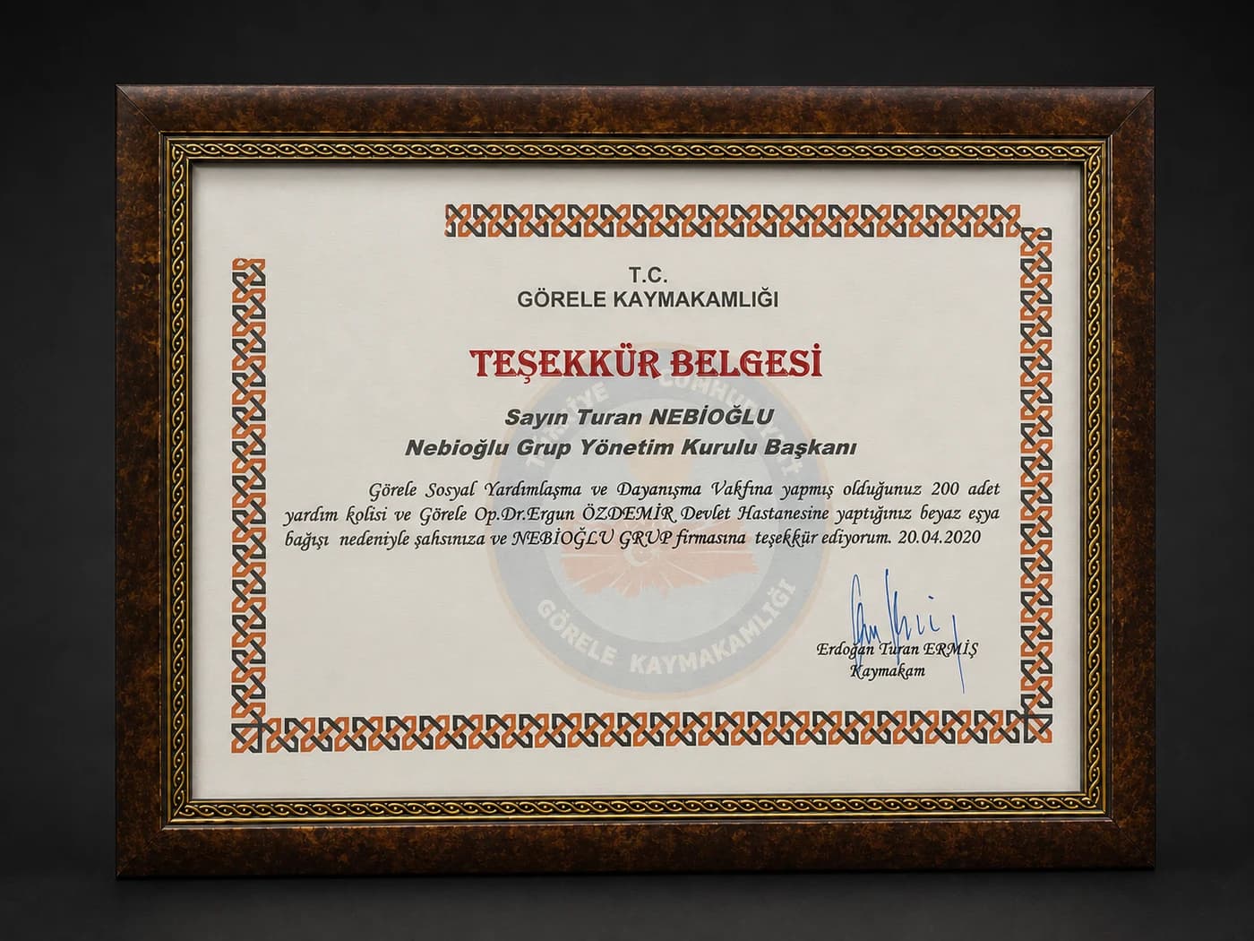 Görele Kaymakamlığı Teşekkür Belgesi